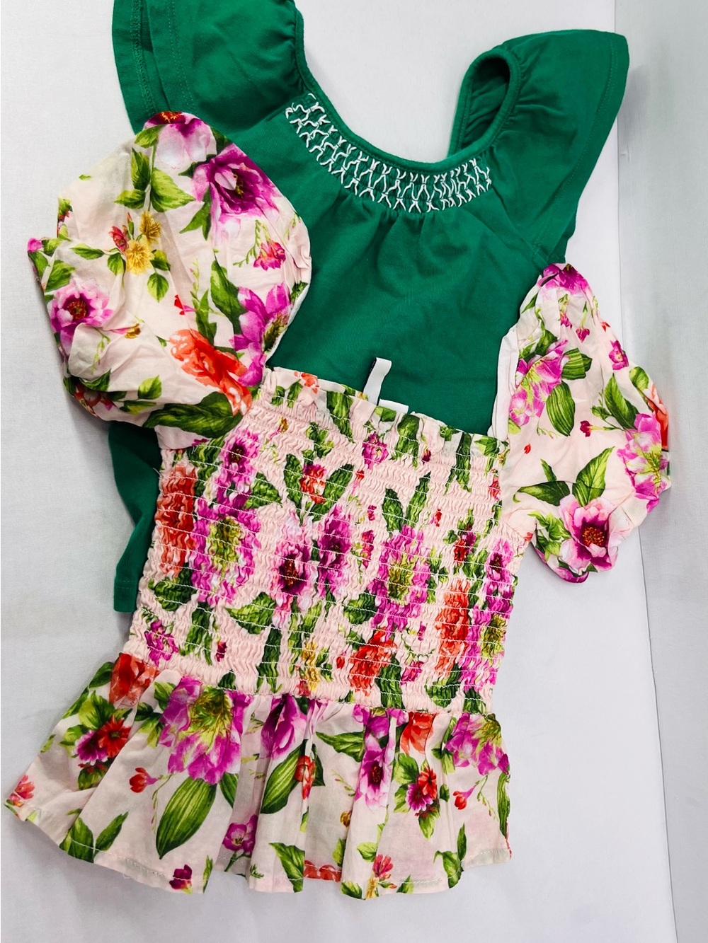 Janie and Jack Green Top‎ and  Pink Floral Smocked Blouse